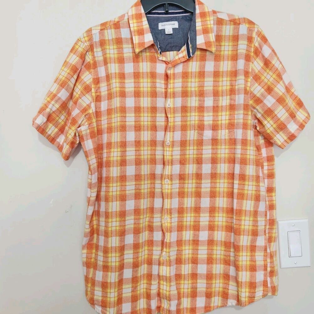 Sun Stone Shirt Size Large Plaid Orange Short Sleeve